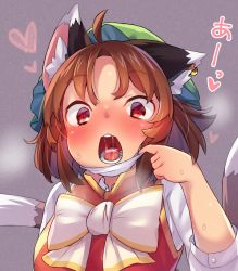 Rule 34 | 1girl, ahoge, animal ear fluff, animal ears, blush, bow, bowtie, brown hair, cat ears, chen, cum, cum in mouth, full-face blush, hat, heart, heart-shaped pupils, ibaraki natou, looking at viewer, mask, mask pull, mob cap, mouth mask, nekomata, open mouth, red eyes, short hair, simple background, solo, symbol-shaped pupils, teeth, tongue, touhou, uvula, white bow, white bowtie