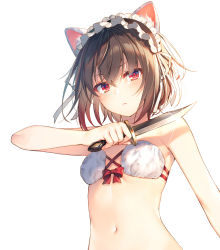 Rule 34 | 1girl, animal ear fluff, animal ears, arm up, bare arms, bare shoulders, blush, bra, breasts, brown hair, cat day, cat ears, cat girl, closed mouth, commentary request, dagger, eyes visible through hair, glint, gradient hair, hair between eyes, highres, holding, holding dagger, holding knife, holding weapon, knife, looking at viewer, maid, maid headdress, multicolored hair, navel, red eyes, seiken gakuin no maken tsukai, short hair, simple background, small breasts, solo, stomach, toosaka asagi, underwear, underwear only, upper body, v-shaped eyebrows, weapon, white background, white bra