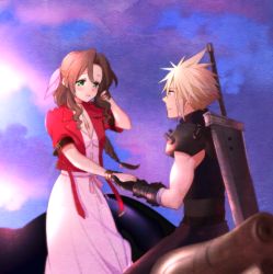Rule 34 | 1boy, 1girl, aerith gainsborough, armor, belt, blonde hair, blue eyes, blush, bracelet, braid, breasts, brown hair, buster sword, choker, cleavage, cloud, cloud strife, cloudy sky, couple, cropped jacket, dress, final fantasy, final fantasy vii, final fantasy vii remake, gloves, green eyes, hair ribbon, hetero, holding hands, jacket, jewelry, krudears, long dress, long hair, motor vehicle, motorcycle, muscular, muscular male, necklace, parted bangs, pink dress, pink ribbon, red jacket, ribbon, shoulder armor, sidelocks, sitting on motorcycle, sky, sleeveless, sleeveless turtleneck, spiked hair, square enix, sunset, suspenders, turtleneck, wavy hair, weapon, weapon on back