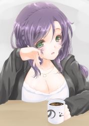 Rule 34 | 10s, 1girl, blush, braid, breasts, cleavage, crown braid, cup, frapowa, green eyes, heart, heart necklace, large breasts, long hair, looking at viewer, love live!, love live! school idol project, mug, necklace, purple hair, solo, tojo nozomi