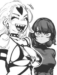 Rule 34 | +++, 2girls, :d, bob cut, bondage outfit, closed eyes, closed mouth, dominatrix, dot mouth, dress, earrings, envy, frown, fubuki (one-punch man), glasgow smile, greyscale, heart o-ring, highres, jewelry, kaijin hime do-s, laughing, long hair, medium hair, monochrome, multiple girls, one-punch man, open mouth, simple background, smile, ssambatea, turtleneck, turtleneck dress, white background