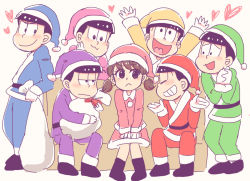 Rule 34 | 10s, 1girl, 6+boys, black hair, bowl cut, brothers, brown hair, couch, hair ribbon, hat, heart, heart in mouth, hizirimode, jitome, low twintails, matsuno choromatsu, matsuno ichimatsu, matsuno jyushimatsu, matsuno karamatsu, matsuno osomatsu, matsuno todomatsu, messy hair, multiple boys, osomatsu-kun, osomatsu-san, osomatsu (series), own hands clasped, own hands together, ribbon, sack, santa costume, santa hat, sextuplets, short twintails, siblings, simple background, sitting, twintails, white background, yowai totoko