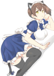 Rule 34 | 10s, 1girl, absurdres, alternate costume, black thighhighs, blush, breasts, brown eyes, brown hair, dutch angle, enmaided, female focus, hanging breasts, highres, kaga (kancolle), kantai collection, large breasts, looking at viewer, maid, maid headdress, ryuki (ryukisukune), short hair, side ponytail, simple background, solo, thighhighs, white background