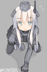 Rule 34 | 10s, 1girl, all fours, bad id, bad twitter id, black dress, black legwear, blue eyes, blush, d.m.sea, dress, flying sweatdrops, garrison cap, hat, kantai collection, long hair, long sleeves, military, military uniform, open mouth, puffy long sleeves, puffy sleeves, simple background, solo, twitter username, u-511 (kancolle), uniform, white hair