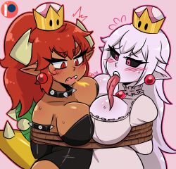 Rule 34 | 2girls, absurdres, armlet, arms behind back, black leotard, black sclera, blush, bowsette, breast press, breasts, choker, cleavage, collar, colored sclera, darkprincess04, dress, earrings, fangs, ghost, highres, horns, jewelry, large breasts, leotard, light purple hair, long tongue, mario (series), monster girl, multiple girls, new super mario bros. u deluxe, nintendo, open mouth, outline, pale skin, patreon logo, pink background, pink eyes, pointy ears, ponytail, princess king boo, red eyes, red hair, sharp teeth, simple background, spiked armlet, spiked collar, spiked shell, spiked tail, spikes, strapless, super crown, sweat, symmetrical docking, tail, teeth, thick eyebrows, tied, tongue, tongue out, white dress