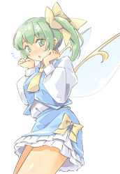 Rule 34 | 1girl, arnest, blue skirt, blue vest, blush, breasts, collared shirt, cowboy shot, daiyousei, fairy, fairy wings, green eyes, green hair, hair between eyes, highres, long hair, long sleeves, looking at viewer, medium breasts, open mouth, puffy long sleeves, puffy sleeves, shirt, side ponytail, skirt, solo, touhou, vest, white shirt, wings