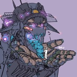 Rule 34 | 1girl, 1other, blue tongue, colored tongue, flat color, giant, giantess, glowing, glowing eyes, glowing mouth, hands up, highres, humanoid robot, in palm, industrial, insignia, long tongue, looking at another, mecha, open mouth, original, purple background, purple eyes, robot, sharp teeth, shion humine, simple background, size difference, solo focus, teeth, tongue, tongue out, upper body