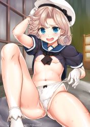 Rule 34 | 1girl, areola slip, arm up, asaga aoi, ass, black neckerchief, blonde hair, blue eyes, blue sailor collar, blush, bow, bow panties, breasts, commentary request, crop top, frontal wedgie, gloves, hat, indoors, janus (kancolle), kantai collection, lamp, looking at viewer, navel, neckerchief, open mouth, panties, panty pull, parted bangs, sailor collar, sailor hat, short sleeves, sitting, small breasts, socks, solo, spread legs, string panties, sweat, underwear, wedgie, wet, white gloves, white hat