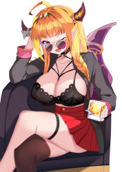 Rule 34 | 1girl, ahoge, alternate costume, aviator sunglasses, black bra, black jacket, black thighhighs, blonde hair, blunt bangs, blush, bow, bra, braid, breasts, choker, cleavage, crossed legs, cup, diagonal-striped bow, dragon horns, dragon tail, drinking glass, head rest, highres, holding, hololive, horns, jacket, jewelry, kiryu coco, lace, long hair, long sleeves, looking at viewer, looking over eyewear, looking over glasses, necklace, one eye closed, open clothes, open mouth, orange hair, pleated skirt, pointy ears, purple-tinted eyewear, purple-tinted glasses, red skirt, shirt, single braid, single thighhigh, sitting, skindentation, skirt, smile, solo, sunglasses, tail, thigh strap, thighhighs, tinted eyewear, underwear, virtual youtuber, yuruto