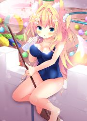 Rule 34 | 1girl, absurdres, animal ear fluff, animal ears, ball, bare arms, bare legs, bare shoulders, barefoot, beachball, between legs, blonde hair, blue eyes, blue one-piece swimsuit, blue scrunchie, blurry, blurry background, blush, bottle, bow, breasts, broom, collarbone, commentary request, covered navel, day, depth of field, fang, fox ears, fox girl, fox tail, fuuna thise, hair between eyes, hair bow, hair intakes, hair ornament, hair scrunchie, highres, holding, holding bottle, holding broom, large breasts, long hair, looking at viewer, new school swimsuit, one-piece swimsuit, open mouth, original, school swimsuit, scrunchie, sitting, solo, sparkle, swimsuit, tail, transparent, two side up, very long hair, water bottle, water gun, white bow