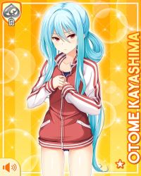 Rule 34 | 1girl, ass, barefoot, blue hair, card, character name, closed mouth, girlfriend (kari), jacket, kayashima otome, long hair, official art, qp:flapper, red eyes, school swimsuit, standing, swimsuit, tagme, very long hair, yellow background
