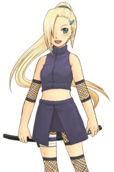 Rule 34 | 1girl, :d, bandages, bare shoulders, bike shorts, blonde hair, blue eyes, blush, breasts, buttons, cowboy shot, crop top, earrings, elbow pads, fishnets, hair ornament, hair over one eye, hairclip, halterneck, high ponytail, holding, jewelry, katana, knee pads, long hair, midriff, naruto (series), naruto shippuuden, ninja, open mouth, pencil skirt, ponytail, pouch, sheath, sheathed, simple background, skirt, small breasts, smile, solo, standing, sword, teramoto kei, thigh pouch, thigh strap, turtleneck, very long hair, waist cape, weapon, white background, yamanaka ino