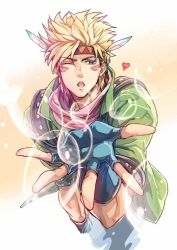 Rule 34 | 1boy, bad id, bad pixiv id, battle tendency, blonde hair, blowing kiss, blue eyes, bubble, caesar anthonio zeppeli, cropped jacket, facial mark, feather hair ornament, feathers, fingerless gloves, gloves, green jacket, hair ornament, headband, heart, highres, hydrokinesis, jacket, jojo no kimyou na bouken, linjie, looking at viewer, male focus, one eye closed, outstretched hand, ribbon, scarf, shirt, solo, water, white shirt, wink