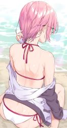 Rule 34 | 1girl, ass, back, beach, bikini, black-framed eyewear, day, facing away, fate/grand order, fate (series), from behind, glasses, highres, hood, hoodie, jacket, kuroki (ma-na-tu), light purple hair, mash kyrielight, mash kyrielight (swimsuit of perpetual summer), multicolored clothes, multicolored jacket, neck, official alternate costume, pink bikini, pink eyes, short hair, sitting, solo, swimsuit, two-tone bikini, two-tone jacket, wariza, white bikini
