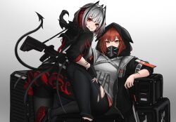 Rule 34 | 2girls, absurdres, antenna hair, arknights, black jacket, black pantyhose, commentary, commission, couch, crownslayer (arknights), demon horns, demon tail, english commentary, gradient background, grenade launcher, grey background, grey shirt, highres, hood, hooded jacket, horns, jacket, looking at viewer, looking back, mask, material growth, multiple girls, myb52, orange eyes, orange hair, oripathy lesion (arknights), pantyhose, pixiv commission, red eyes, red hair, shirt, sitting, sitting on lap, sitting on person, tail, torn clothes, torn pantyhose, upper body, w (arknights), weapon