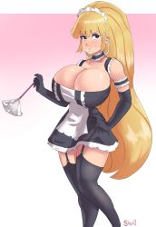 Rule 34 | 1girl, aged up, alternate body size, alternate breast size, alternate costume, apron, bare shoulders, black thighhighs, blonde hair, blunt bangs, blush, breasts, curvy, duster, earrings, elbow gloves, enmaided, eyeshadow, facing viewer, feather duster, feet out of frame, garter straps, gloves, gradient background, gravity falls, hand on own hip, high ponytail, highres, huge breasts, jewelry, long hair, looking at viewer, maid, maid apron, maid headdress, makeup, pacifica northwest, pink background, purple eyeshadow, simple background, solo, standing, sweat, thighhighs, very long hair, waist apron, white background, zettai ryouiki