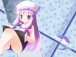 Rule 34 | 1girl, black one-piece swimsuit, book, bow, female focus, hat, kagura yuuki, long hair, name tag, one-piece swimsuit, patchouli knowledge, pink bow, school swimsuit, solo, swimsuit, touhou