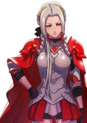 Rule 34 | 1girl, aduti momoyama, alternate hairstyle, armor, boobplate, breastplate, cape, edelgard von hresvelg, fire emblem, fire emblem: three houses, fire emblem warriors, fire emblem warriors: three hopes, gloves, hair ornament, hair ribbon, highres, long hair, looking at viewer, nintendo, official alternate costume, official alternate hairstyle, purple eyes, red cape, ribbon, simple background, solo, white hair