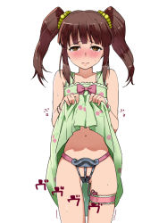 Rule 34 | 10s, 1girl, bdsm, blush, bow, bracelet, brown eyes, brown hair, chastity belt, cherry print, clothes lift, dress, dress lift, egg vibrator, food print, hair ornament, idolmaster, idolmaster cinderella girls, jewelry, ldl, bridal garter, lifting own clothes, lock, looking at viewer, navel, ogata chieri, print dress, pussy juice, sex toy, skirt, skirt lift, solo, sweat, tears, thighhighs, trembling, twintails, vibrator, wristband