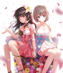 Rule 34 | 2girls, bad id, bad pixiv id, blue eyes, breasts, brown eyes, brown hair, capelet, choker, cleavage, dress, female focus, flower, hair flower, hair ornament, holding hands, interlocked fingers, jewelry, long hair, medium breasts, moai (aoh), multiple girls, necklace, original, petals, short hair, sitting, small breasts, smile, strapless, strapless dress, white background, yuri