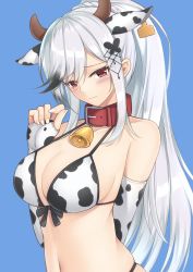 Rule 34 | 1girl, animal ears, animal print, azur lane, bare shoulders, bell, bikini, blue background, braid, breasts, cleavage, collar, cow ears, cow horns, cow print, cowbell, crown braid, dunkerque (azur lane), ear tag, elbow gloves, fingerless gloves, gloves, highres, horns, large breasts, long hair, looking at viewer, red collar, red eyes, rei (09991), silver hair, simple background, solo, swimsuit