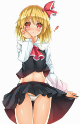 Rule 34 | !, 1girl, ascot, bad id, bad pixiv id, blonde hair, blush, cameltoe, clothes lift, hair ribbon, hand on own cheek, hand on own face, kitou kaitai, long sleeves, looking at viewer, midriff, navel, open mouth, panties, pantyshot, red eyes, ribbon, rumia, shirt, simple background, skirt, skirt lift, skirt set, solo, standing, touhou, underwear, vest, white background, white panties