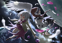 Rule 34 | 2girls, absurdres, blue eyes, blue hair, closed mouth, doremy sweet, dress, earth (planet), feathered wings, feathers, grey jacket, hair between eyes, hat, highres, jacket, kishin sagume, long sleeves, moon, multiple girls, nightcap, open clothes, open jacket, open mouth, otomeza ryuseigun, planet, pom pom (clothes), purple dress, red eyes, red headwear, short hair, single wing, socks, space, touhou, white dress, white hair, white socks, white wings, wings