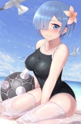 Rule 34 | 10s, 1girl, alternate costume, animal, ball and chain (weapon), bare arms, bare shoulders, between legs, bird, black one-piece swimsuit, blue eyes, blue hair, blue sky, blunt bangs, blush, breasts, closed mouth, collarbone, competition school swimsuit, competition swimsuit, covered erect nipples, day, flail, flower, hair flower, hair ornament, hair over one eye, hairclip, hand between legs, hibiscus, highres, knees together feet apart, lanzi (415460661), looking at viewer, matching hair/eyes, medium breasts, morning star, ocean, one-piece swimsuit, outdoors, re:zero kara hajimeru isekai seikatsu, rem (re:zero), school swimsuit, seagull, see-through, short hair, sitting, skin tight, sky, smile, solo, spiked ball and chain, swimsuit, thighhighs, wariza, water, weapon, wet, wet clothes, white thighhighs, x hair ornament