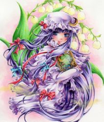 Rule 34 | 1girl, blue ribbon, blush, book, bow, crescent, crescent hair ornament, crescent moon, female focus, flower, hair ornament, hair ribbon, hat, long hair, looking at viewer, mob cap, moon, patchouli knowledge, purple eyes, purple hair, red ribbon, ribbon, simple background, solo, touhou, yuukitao