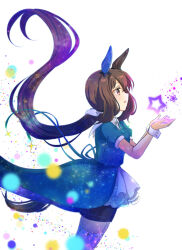 Rule 34 | 1girl, admire vega (umamusume), alternate costume, animal ears, blue dress, brown eyes, brown hair, dress, ear covers, from side, highres, horse ears, horse girl, kuon kimi, long hair, low ponytail, puffy short sleeves, puffy sleeves, short sleeves, shorts under dress, single ear cover, solo, thighhighs, umamusume, white thighhighs, wrist cuffs