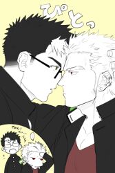 Rule 34 | 2boys, bara, chibi, chibi inset, eye contact, facial hair, fle0423, forehead-to-forehead, from side, gakuran, glasses, hair tattoo, hand in another&#039;s hair, hand on another&#039;s head, heads together, highres, long sideburns, looking at another, male focus, mature male, multicolored hair, multiple boys, multiple monochrome, opaque glasses, original, pectoral cleavage, pectorals, profile, school uniform, short hair, sideburns, sideburns stubble, streaked hair, stubble, thick eyebrows, upper body, yaoi