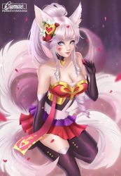 Rule 34 | 1girl, ahri (league of legends), animal ears, artist name, bare shoulders, black gloves, black legwear, blue eyes, choker, collarbone, drill hair, elbow gloves, facial mark, flower, fox ears, fox tail, gloves, grey hair, gumae, hair flower, hair ornament, heart, heart choker, heart hair ornament, heartseeker ahri, high ponytail, holding, league of legends, leg up, long hair, looking at viewer, multiple tails, parted lips, petals, realistic, red skirt, skirt, solo, tail, very long hair, watermark, web address, whisker markings