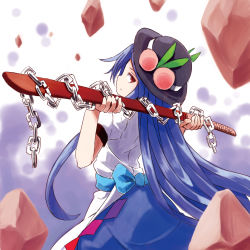 Rule 34 | 1girl, back bow, black hat, blouse, blue hair, blue skirt, bow, chain, d@i, food, fruit, hat, hinanawi tenshi, leaf, long hair, looking at viewer, peach, puffy short sleeves, puffy sleeves, red eyes, rock, shirt, short sleeves, skirt, sword of hisou, touhou, white shirt