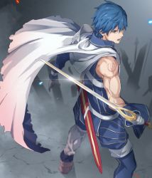 Rule 34 | 1boy, absurdres, blue eyes, blue gloves, blue hair, blue pants, blue shirt, cape, chrom (fire emblem), falchion (fire emblem), fire emblem, fire emblem awakening, from above, from behind, gloves, highres, looking to the side, muscular, nintendo, open mouth, pants, pretty-purin720, sheath, shirt, short hair, shoulder tattoo, sleeveless, sleeveless shirt, standing, sword, tattoo, torn cape, torn clothes, weapon