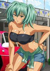 Rule 34 | 1girl, ahoge, alternate costume, aqua hair, bandeau, bare arms, bare legs, bare shoulders, black bandeau, black tube top, blush, car, collarbone, dark-skinned female, dark skin, day, eyebrows hidden by hair, eyes visible through hair, garage, green eyes, grey shorts, hair between eyes, hand on leg, hand on own hip, hand on own leg, hand on own thigh, holding, holding wrench, ikkitousen, leaning forward, looking at viewer, midriff, motor vehicle, navel, open mouth, outdoors, red car, ryofu housen, shiny skin, short hair, short shorts, shorts, shy, solo, standing, stomach, strapless, tube top, twintails, wrench