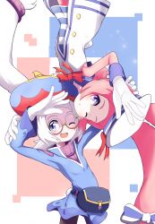 12tailsonline 2girls blue_eyes dress glasses multiple_girls one_eye_closed pink_hair purple_eyes rabbit_(12tailsonline) rabbit_girl roomie.parn short_dress simple_background striped_clothes striped_dress white_hair