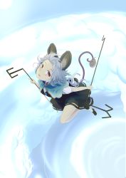 Rule 34 | 1girl, animal ears, basket, blush, capelet, cloud, dowsing rod, from above, grey hair, highres, ishikkoro, looking at viewer, looking up, mouse (animal), mouse ears, mouse tail, nazrin, open mouth, sky, smile, solo, tail, touhou