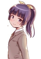 Rule 34 | 1girl, alternate hairstyle, blazer, blue eyes, blush, bow, brown jacket, buttons, closed mouth, collared shirt, commentary request, facing to the side, female focus, gokou ruri, hair bow, highres, hime cut, jacket, looking at viewer, mole, mole under eye, ore no imouto ga konna ni kawaii wake ga nai, ponytail, school uniform, shirt, simple background, smile, solo, sweatdrop, takatsuki akira, white background, yellow bow