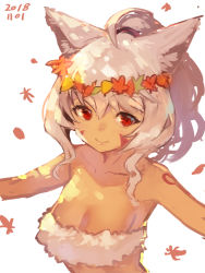 Rule 34 | 1girl, ahoge, animal ear fluff, animal ears, autumn leaves, bare shoulders, breasts, cleavage, closed mouth, collarbone, dated, facial hair, fox ears, fox girl, head wreath, long hair, looking at viewer, medium breasts, original, ponytail, silver hair, simple background, smile, solo, strapless, upper body, white background, yuuji (yukimimi)