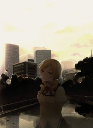 Rule 34 | 10s, 1girl, bad id, bad pixiv id, blonde hair, building, cityscape, cloud, drill hair, female focus, hair ornament, long hair, mahou shoujo madoka magica, mahou shoujo madoka magica (anime), nature, open mouth, outdoors, plant, reflection, ripples, scenery, school uniform, sky, smile, solo, sunset, tomoe mami, tsuduya (knt31), twin drills, water, yellow eyes