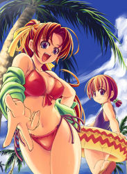 Rule 34 | 2girls, age difference, beach, bikini, blue eyes, breasts, brown hair, cleavage, cloud, day, flat chest, looking back, medium breasts, mil (xration), multiple girls, one-piece swimsuit, open mouth, outdoors, ponytail, sandals, side-tie bikini bottom, size difference, sky, sweat, swimsuit, tongue, tree