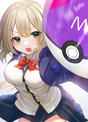 Rule 34 | 1girl, :d, absurdres, black skirt, blue jacket, bow, breasts, collared shirt, creatures (company), dress shirt, game freak, gradient background, green eyes, grey background, highres, holding, holding poke ball, hoshimiya aki, jacket, light brown hair, long hair, looking at viewer, master ball, medium breasts, nintendo, official art, open clothes, open jacket, open mouth, original, poke ball, pokemon, red bow, school uniform, shirt, skirt, smile, solo, v-shaped eyebrows, white background, white shirt