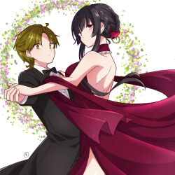 Rule 34 | bare back, black hair, bow, bowtie, breasts, butterfly hair ornament, dancing, dress, enkichi, formal, green eyes, green hair, hair ornament, hair up, hand on another&#039;s shoulder, holding hands, killer in the mirror, large breasts, long dress, looking at viewer, purple eyes, shitakiri nodoka, shitakiri souga, short male, step-siblings, suit, tall female