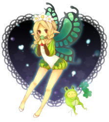 Rule 34 | 1girl, 1st-mn, blonde hair, blush, braid, butterfly wings, choker, clover, fairy, flower, four-leaf clover, frog, hair flower, hair ornament, insect wings, mercedes (odin sphere), odin sphere, pointy ears, puff and slash sleeves, puffy sleeves, red eyes, solo, twin braids, wings