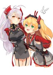 Rule 34 | 2girls, absurdres, admiral hipper (azur lane), ahoge, antenna hair, aoiro (t aoiro123), arm behind back, armpit cutout, azur lane, black gloves, blonde hair, blush, breasts, bunny ears prank, choker, clipboard, clothing cutout, commentary request, cropped legs, cross, dress, fang, flat chest, gloves, green eyes, grey dress, hair between eyes, hand on own hip, headgear, highres, holding, holding clipboard, iron cross, large breasts, light blush, long hair, looking at viewer, multicolored hair, multiple girls, open mouth, orange eyes, prinz eugen (azur lane), rabbit, red choker, red hair, red sleeves, sideboob, sidelocks, silver hair, simple background, skin fang, streaked hair, swept bangs, thigh strap, two side up, v, white background