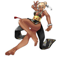 Rule 34 | 1girl, alternate costume, bare arms, bare legs, bare shoulders, barefoot, black dress, blonde hair, bracelet, breasts, capcom, china dress, chinese clothes, chun-li, chun-li (cosplay), cleavage, commentary request, cosplay, dark-skinned female, dark skin, double bun, dress, eiji (eiji), feet, fighting stance, foot focus, foreshortening, full body, guilty gear, hair bun, hair ornament, hair ribbon, highres, jewelry, long hair, looking to the side, pelvic curtain, ramlethal valentine, ribbon, sash, simple background, solo, spiked bracelet, spikes, standing, street fighter, street fighter v, thick thighs, thighs, white background, yellow eyes