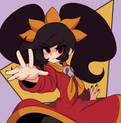 Rule 34 | 1girl, absurdres, arm up, ashley (warioware), big hair, black hair, black pantyhose, blush, captain kirb, dress, eyes visible through hair, female focus, hair ornament, hairband, highres, long sleeves, looking at viewer, nintendo, orange hairband, outstretched arm, pantyhose, red dress, red eyes, skull, solo, standing, twintails, warioware