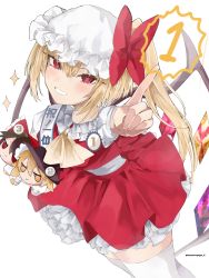 Rule 34 | 1girl, arm up, artist name, ascot, blonde hair, blush, bow, breasts, brown hair, brown hat, character doll, closed mouth, collared shirt, cross, cross-shaped pupils, crystal, detached sleeves, doll, flandre scarlet, frills, fumo (doll), gomashiopappa k, hair between eyes, hair bow, hair ornament, hair tubes, hakurei reimu, hands up, hat, hat bow, highres, jewelry, kirisame marisa, long sleeves, looking at viewer, looking to the side, medal, medium breasts, miniskirt, mob cap, multicolored wings, numbered, one side up, pointing, puffy long sleeves, puffy short sleeves, puffy sleeves, red bow, red eyes, red skirt, red vest, sash, shirt, short hair, short sleeves, simple background, skirt, skirt set, smile, smug, solo, standing, star (symbol), symbol-shaped pupils, teeth, thighhighs, touhou, vest, white background, white bow, white hat, white shirt, white thighhighs, wide sleeves, wings, witch hat, yellow ascot