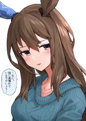 Rule 34 | 1girl, absurdres, admire vega (umamusume), animal ears, blush, brown hair, commentary request, ear covers, female focus, hair between eyes, hair ornament, highres, hitode (ziburi), horse ears, horse girl, long hair, looking at viewer, open mouth, pink eyes, simple background, solo, translation request, umamusume, upper body, white background