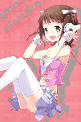 Rule 34 | 1girl, amami haruka, armpits, beats by dr. dre, breasts, brown hair, cleavage, headphones, idolmaster, idolmaster (classic), medium breasts, midriff, multicolored eyes, navel, pleated skirt, short hair, skirt, solo, thighhighs, tiv, white thighhighs, wrist cuffs